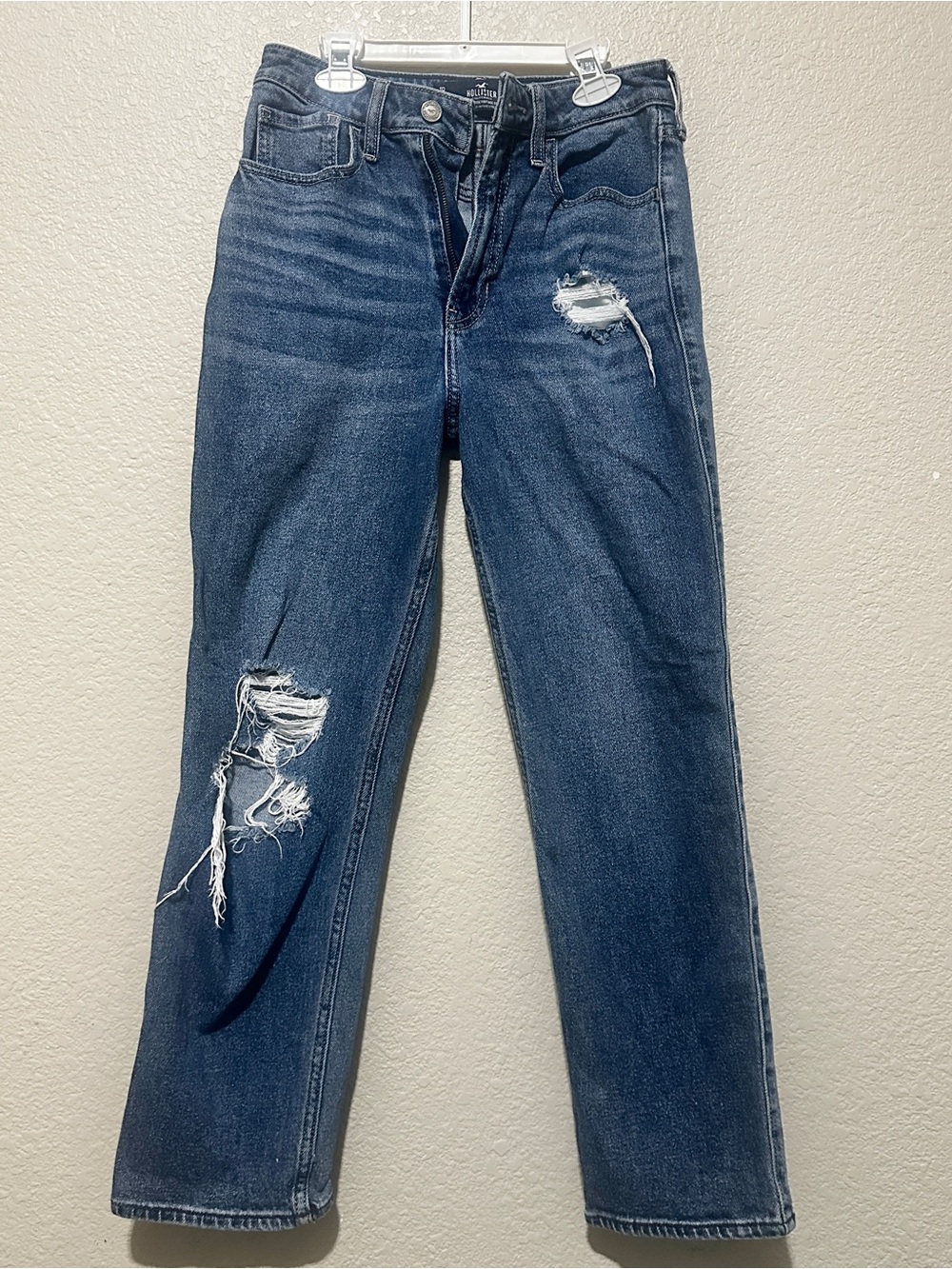Hollister Ultra Rise Vintage Style Straight Dark Washed Distressed Jeans Size 1R